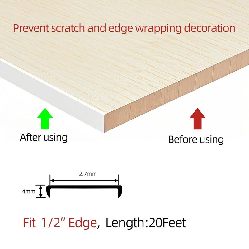 Aroilder U-Shape Plywood Edge Banding - 1/2" Edge Protector, Self-Adhesive Trim for Veneer, Furniture, Countertop, Table, Sheet Metal - White, 20Ft - Image 2